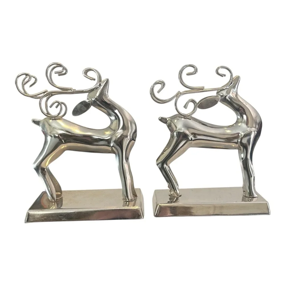 Set of 2 Silver Chrome Metal Reindeer Deer Christmas Stocking Holder Hook Hanger
